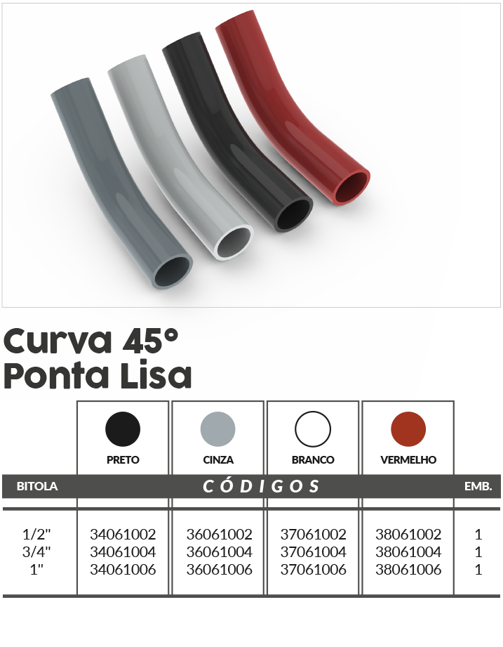 Curva Larga 45 punta lisa Gris 3/4 pulg. - 36061004 Master Plásticos