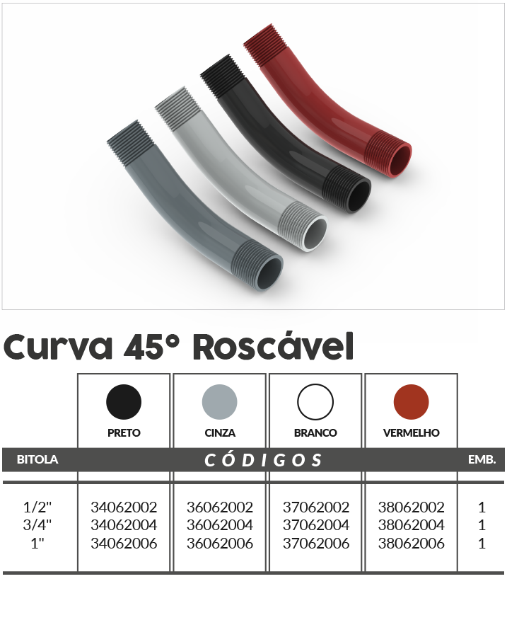 Curva Larga 45 Roscable Gris 1 pulg. - 36062006 Master Plásticos