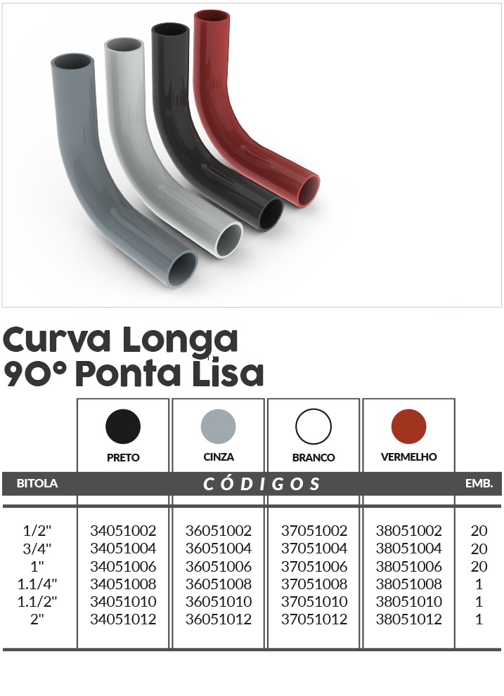 Curva Larga 90 punta lisa Gris 1 1/4 pulg. - 36051008 Master Plásticos