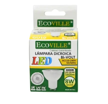 Lampara Dicroica MR16 GU10 8W 3000K - Ecoville