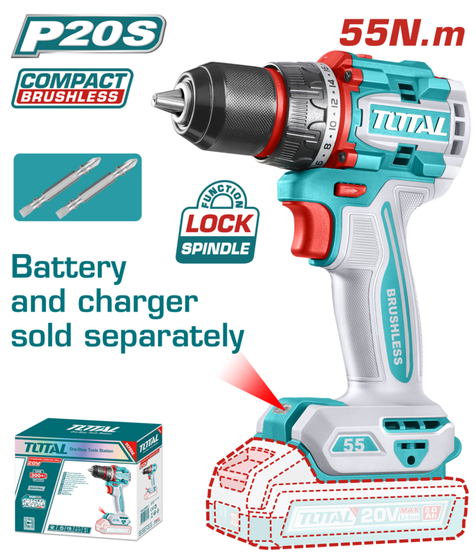 TALADRO ATORN A BATERIA 20V 55NM (COMPACTO)- SIN BAT - TDLI204531 - TOTAL