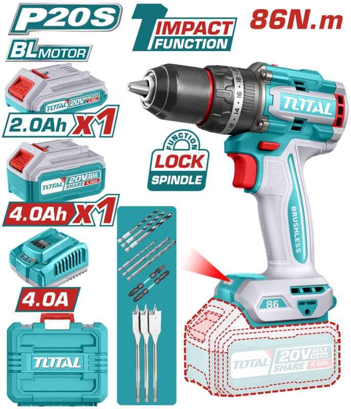 TALADRO DE IMPACTO (PERCUTOR) A BATERIA 20V 86NM BL - 2BAT/CAR - TIDLI20868 - TOTAL