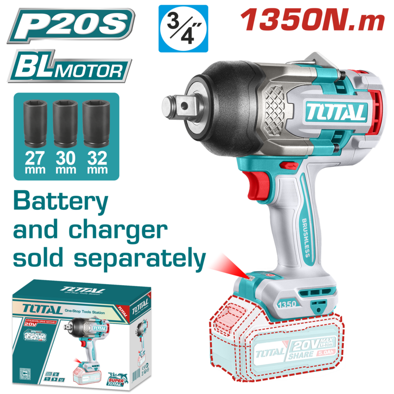 LLAVE DE IMPACTO A BATERIA 20V 1350NM (3/4PULG) BL - SIN BAT- TIWLI201351 - TOTAL