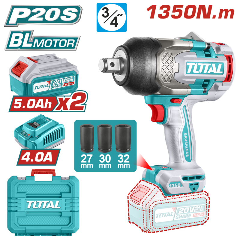 LLAVE DE IMPACTO A BATERIA 20V 1350NM (3/4PULG) BL - 2BAT/CAR - TIWLI20135 - TOTAL