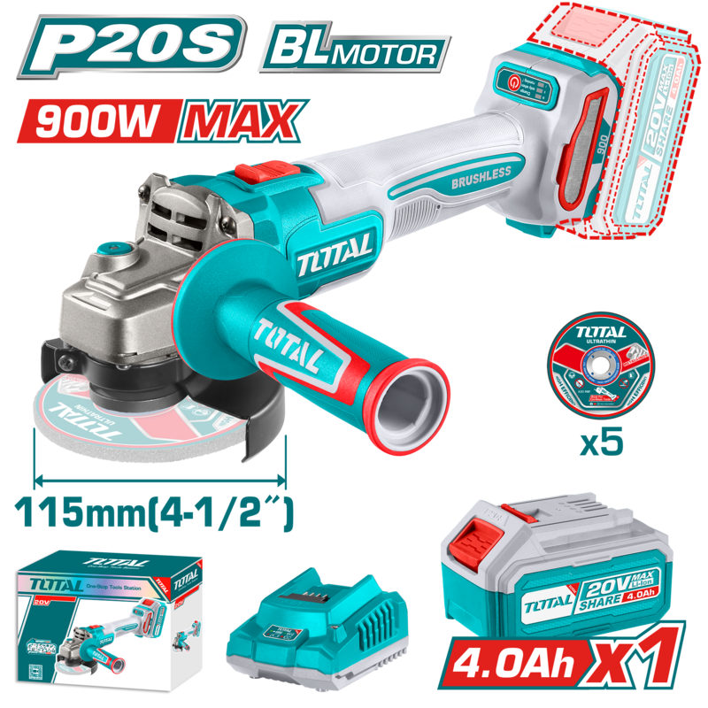 AMOLADORA A BATERIAS 20V 115MM (900W MAX) BL (CAJA CARTON) - BAT/CAR - TAGLI261521 - TOTAL