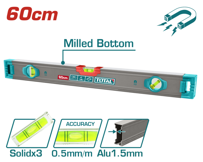 NIVEL DE BURBUJA REFORZADO 60CM CON IMANES - TOTAL