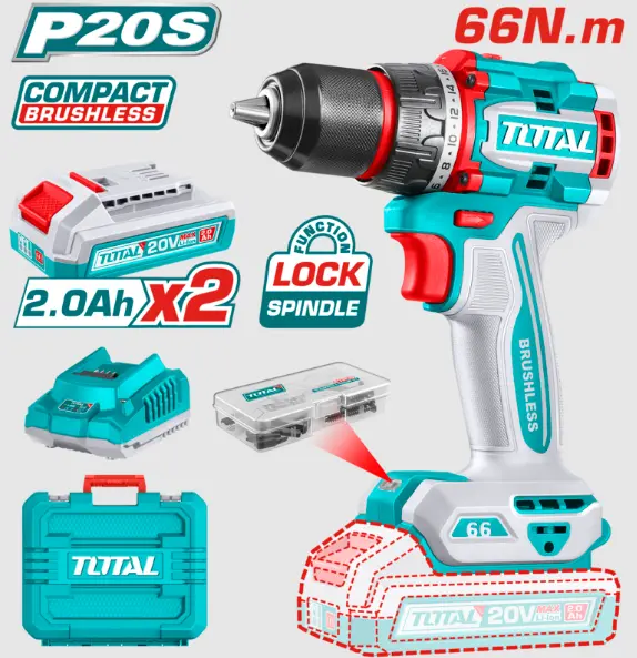 TALADRO ATORN A BATERIAS 20V 66NM BL - 2BAT/CAR - TDLI20668 - TOTAL