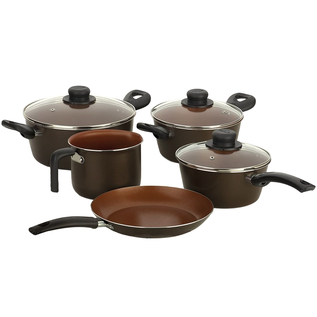 SET DE COCCION 5 PIEZAS  TERRACOTA 
CACEROLA 20/CACEROLA 22/ OLLA 18/ SARTEN 22/ HERVIDOR 14 40039  MULTIFLON