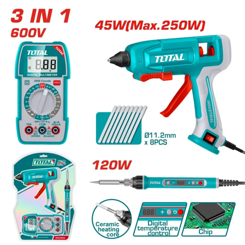 Kit Multimetro 600V, Cautín Soldador y Pistola de Silicona - TTCK250716 - TOTAL