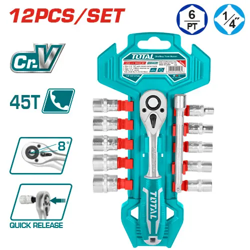 Carraca 45T (Llave de Críquet) y Juego de Llaves Tubo 1/4 5-14mm (12 Pzs) - CRV - TOTAL