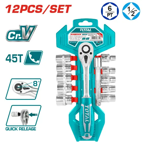 Llave Críquet (Carraca) 45T y Juego de Llaves Tubo 1/2 10-24mm (12 Pzs) - CRV - TOTAL