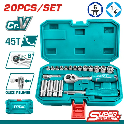 Maletín con Llave Críquet (Carraca), Llaves Tubo y Accesorios 1/4 (20 Pzs) - CRV - TOTAL