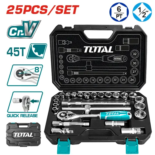 Maletín con Llave Críquet (Carraca), Llaves Tubo y Accesorios 1/2 (25 Pzs) - CRV - TOTAL