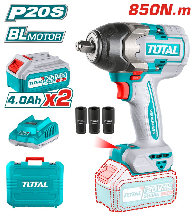 Llave de Impacto a Batería 20V 850NM Bl - 2BAT/CAR - TIWLI2085 - Total