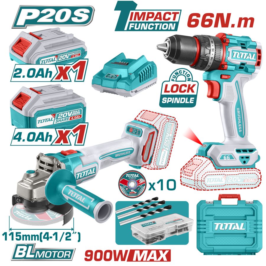 Kit Taladro Percutor 66NM y Amoladora 115MM (1000WMAX) a Bateria 20V Bl - 2BAT/CAR - TCKLI20273 - Total