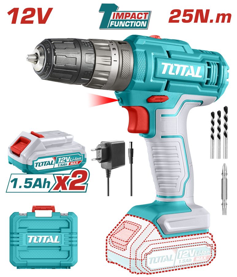 Taladro Percutor a Bateria 12V 25NM - 2BAT/CAR - TIDLI1228 - Total