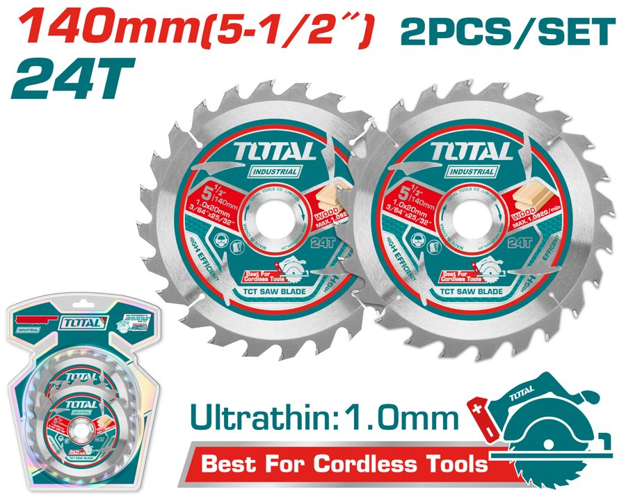 Disco (hoja) de Sierra Tct 140MM 24T (corte Madera) (2 Pzs) - Total