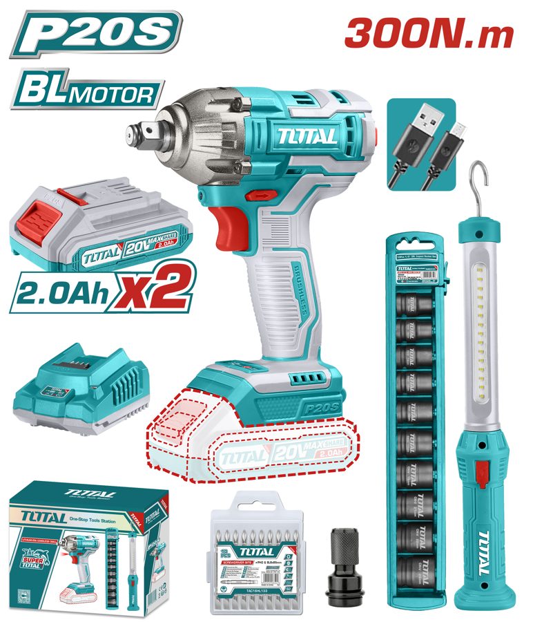 Llave de Impacto a Batería 20V 300NM Bl (kit Lámpara) - 2BAT/CAR - TOSLI231004 - Total