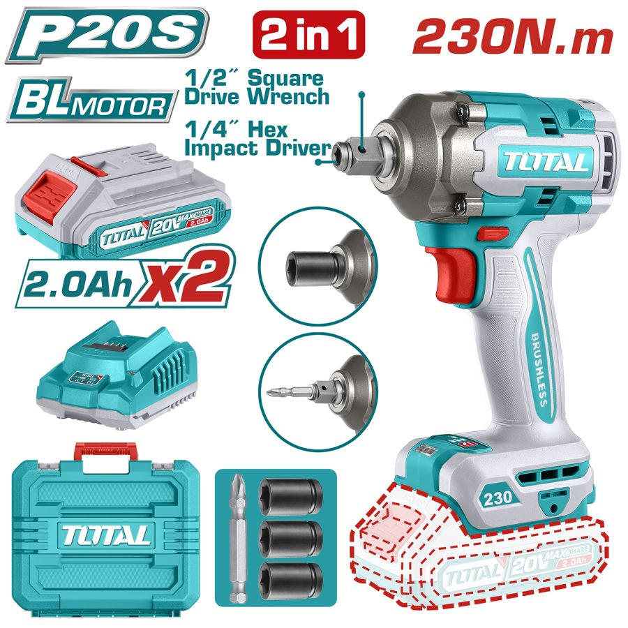 Llave de Impacto a Batería 20V 230NM (con Atornillador) Bl - 2BAT/CAR - TIWLI20236 - Total
