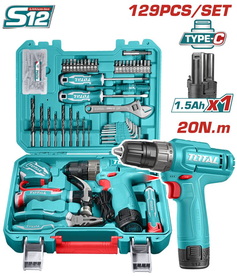 Taladro Atornillador a Batería 12V (tipo C) 20NM Juego de Herramientas (129 Pzs) - THKTHP11292 - Total