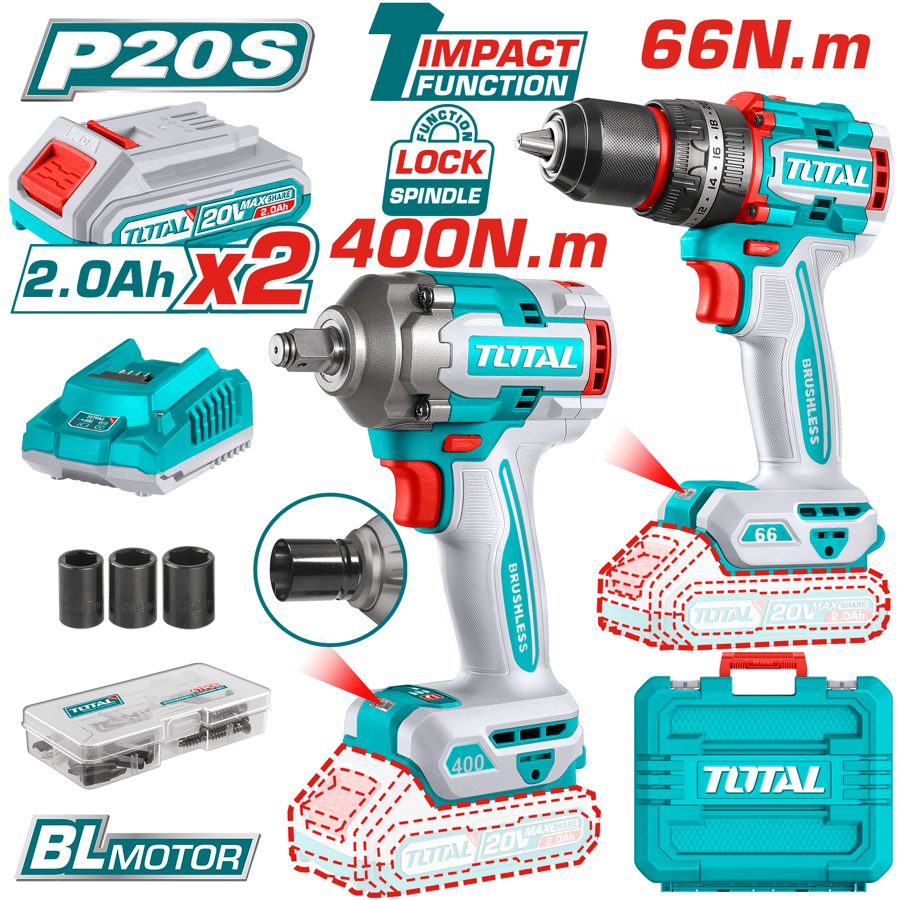 Kit Llave de Impacto 400NM y Taladro Percutor a Baterías 20V Bl - 2BAT/CAR - TCKLI20275 - Total