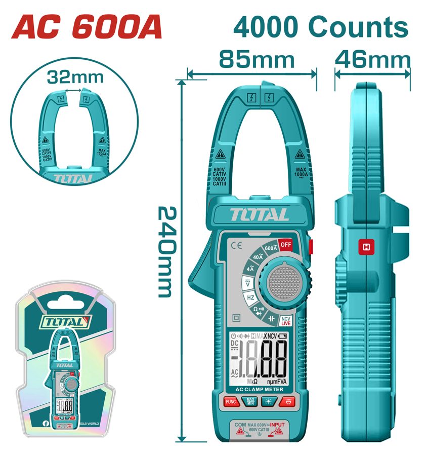Pinza Amperimetrica Ac 600A (4000 Cuentas) - Total