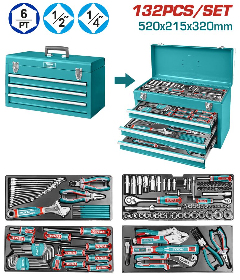 Caja de Herramientas Metálica con Juego de Herramientas (132 Pzs) - Total