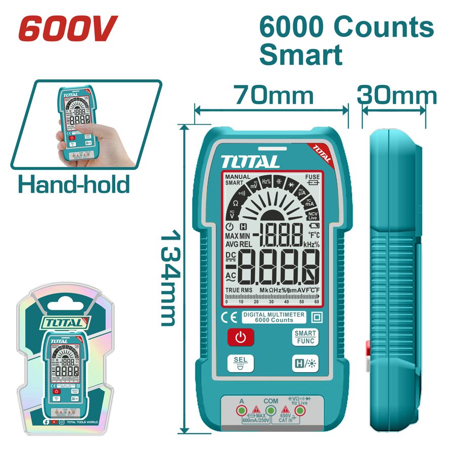 Multimetro Digital Cat Iii 600V (6000 Cuentas) Smart Pant. Grande - Total