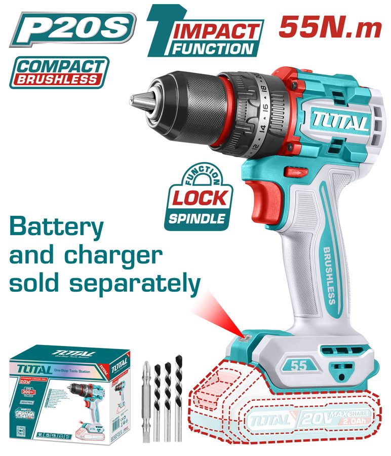 Taladro de Impacto (percutor) a Bateria 20V 55NM Bl - sin Bat - TIDLI205581 - Total