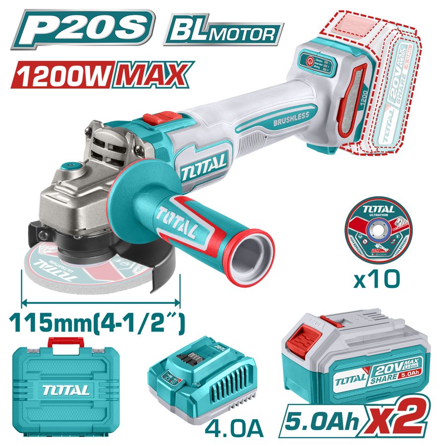 Amoladora a Batería 20V 115MM (1200W Max) Bl - 2BAT/CAR - TAGLI2211532 - Total