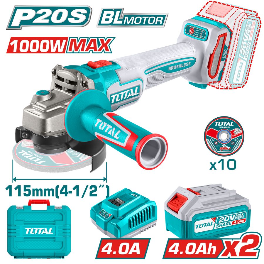 Amoladora a Baterias 20V 115MM (1000W Max) Bl - 2BAT/CAR - TAGLI271532 - Total