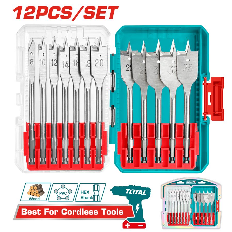 Juego de Mechas Planas (12 Pzs) (para Taladro en Madera) - Total