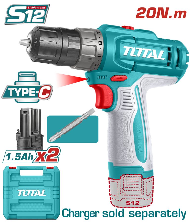 Taladro Atornillador a Batería 12V (tipo C) 20NM (c/ Maletin) - 2BAT - TDLI12206 - Total