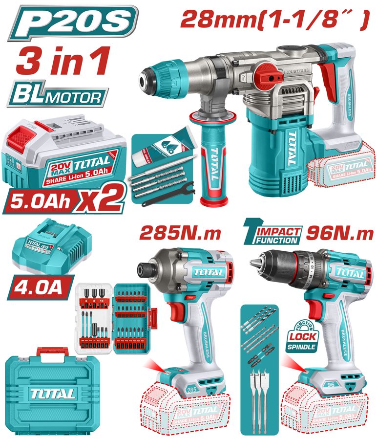 Kit Taladro Percutor 96NM, Rotomartillo 28MM y Atorn Impacto (promo) -2BAT/CAR - TOSLI250693 - Total