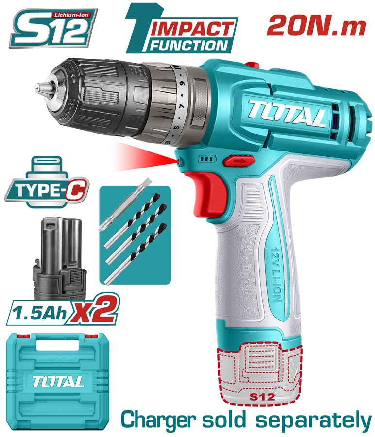 Taladro de Impacto (percutor) a Bateria 12V (tipo C) 20NM - 2BAT - TIDLI12206 - Total