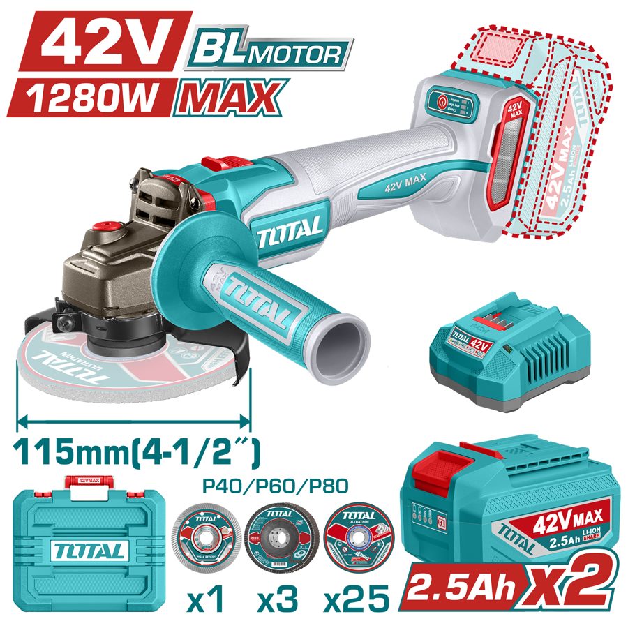 Amoladora a Batería 42V 115MM (1280W Max) Bl - 2BAT/CAR - TAGLI4128112 - Total