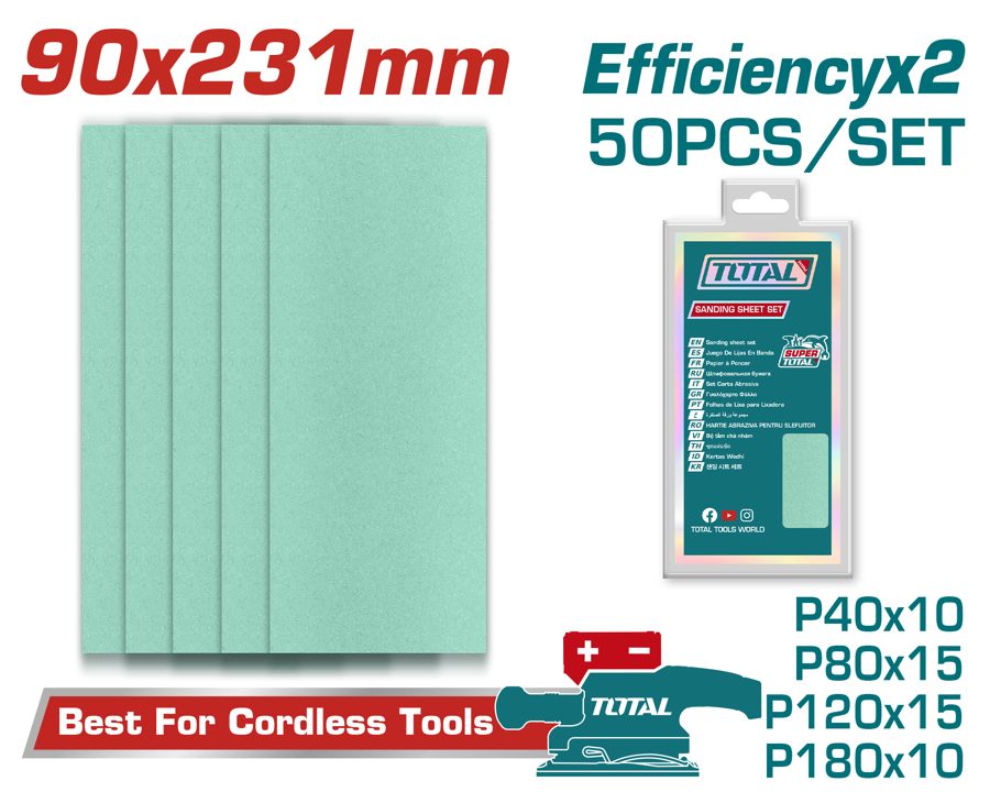 Hoja de Lija P/ Lijadora Orbital Rectangular (de Acabado) 90X231MM (50 Pzs) - Total