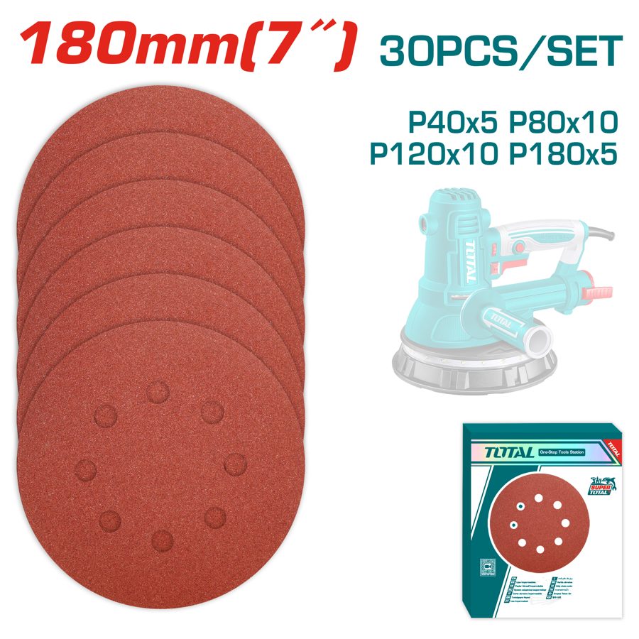 Hojas de Lija P/ Lijadora Rotorbital de Pared 180MM (30 Pzs) - Total