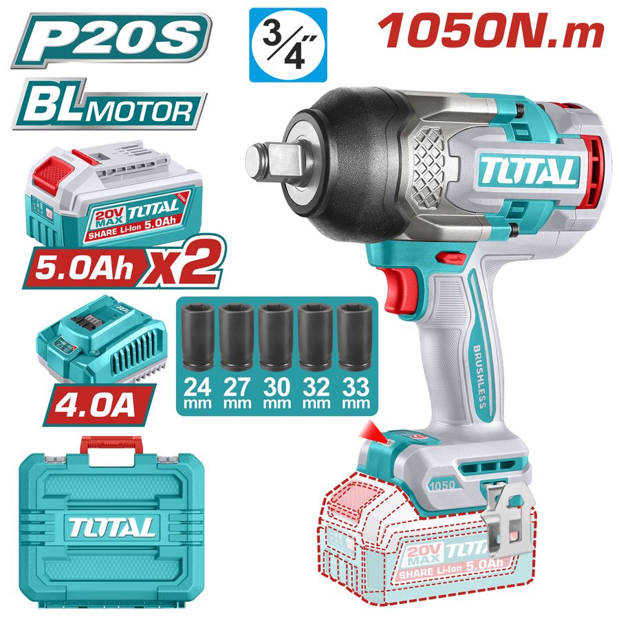 Llave de Impacto a Bateria 20V 1050NM Bl (3/4PULG) - 2BAT/CAR - TIWLI20105 - Total