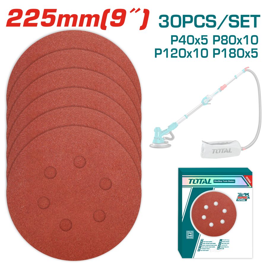 Juego de Lijas para Lijadora Extensible 225MM (30 Pzs) - Total