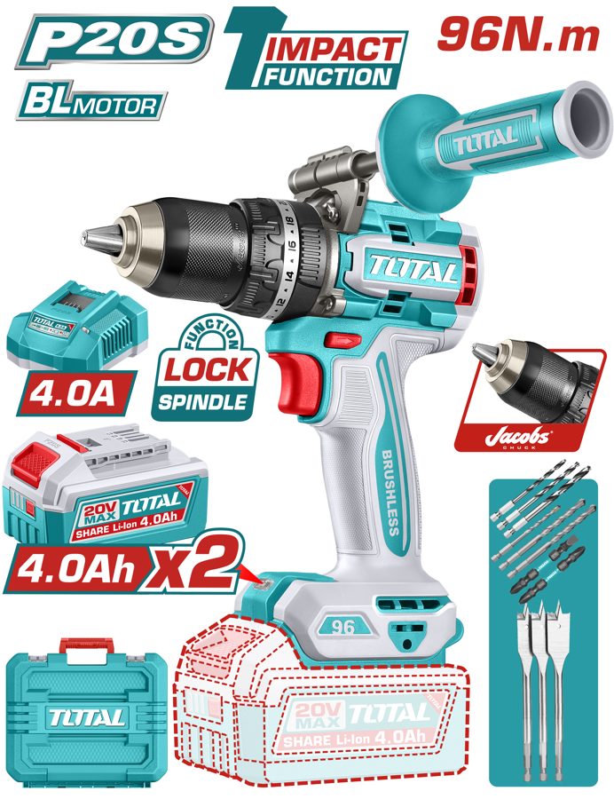 Taladro de Impacto (percutor) a Bateria 20V 96NM Bl C/ Mango - 2BAT/CAR - TIDLI209686 - Total
