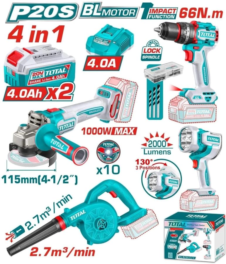 Juego de Taladro Percutor 66NM, Amoladora 1000W, Sopladora y Linterna 20V - 2BAT/CAR - Promo - Total