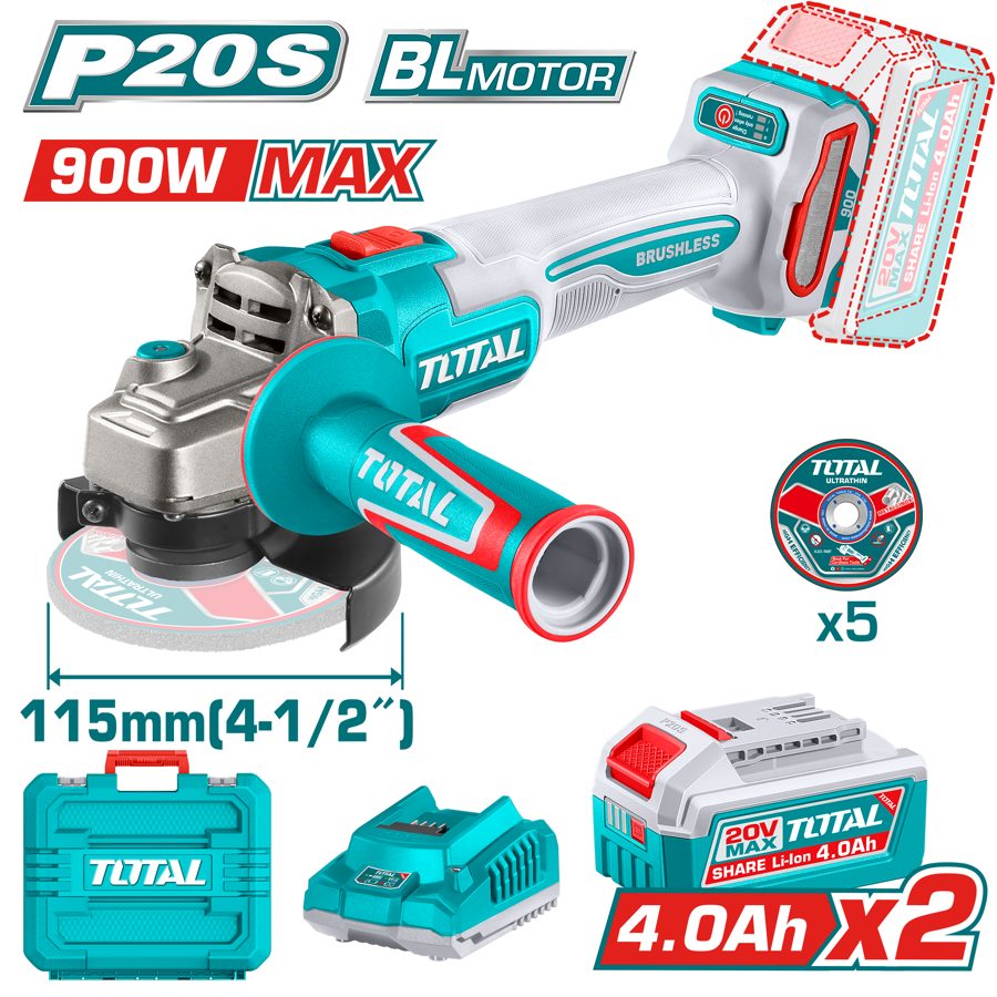 Moladora a Bateria 20V 115MM (900W Max) Bl - 2BAT/CAR - TAGLI261522 - Total