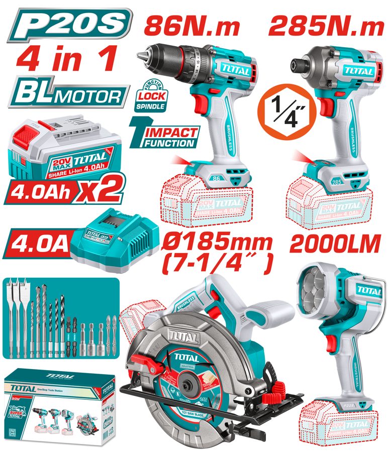 Kit Taladro Percutor, Atorn. Impacto, Sierra Circ. y Lampara 20V - Promo - 2BAT/CAR - Total
