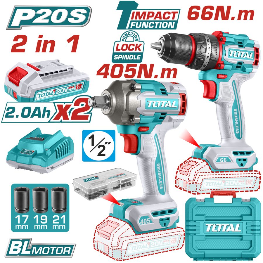 Kit Llave de Impacto 405NM y Taladro Percutor 66NM a Baterias 20V - TCKLI20286 - Total