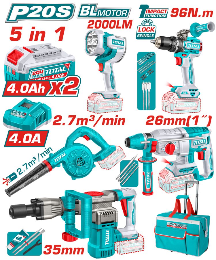Kit Taladro Percutor, Rotomartillo, Martillete, Sopladora y Lampara 20V - Promo - Total