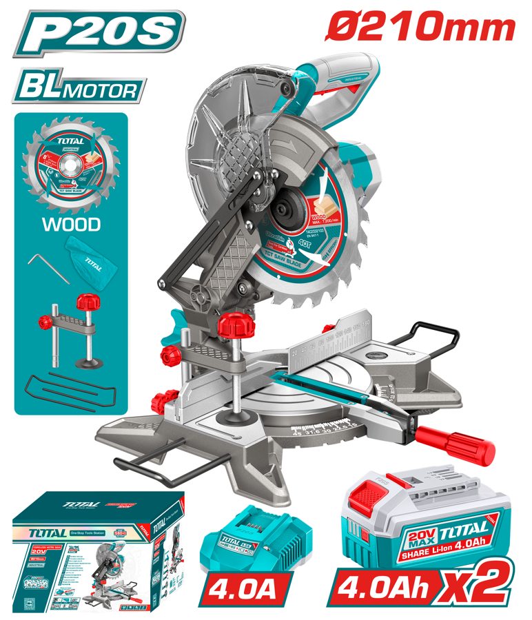 Sierra de Inglete a Bateria 20V 210MM - 2BAT/CAR - TMSLI20212 - Total