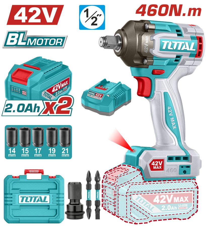 Llave de Impacto a Bateria 42V 460NM - 2BAT/CAR - TIWLI42462 - Total