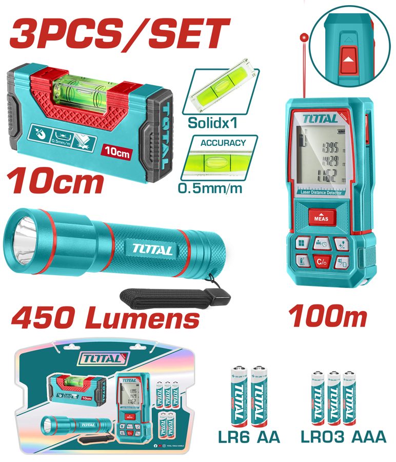 Kit Medidor de Distancia, Nivel y Linterna con Pilas (promo) - TOS251003 - Total