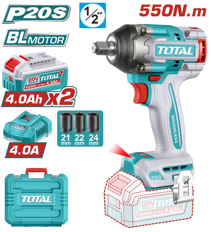 Llave de Impacto a Bateria 20V 550NM Bl - 2BAT/CAR - TIWLI2055 - Total